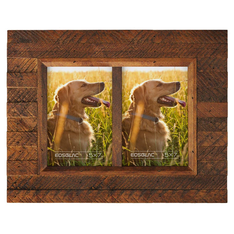 Eosglac Collage Picture Frame 5x7 2 Openings, Wood Plank Design Photo Frame with Handmade Rustic Brown Finish, Wall Mounting or Tabletop Display - Image 1
